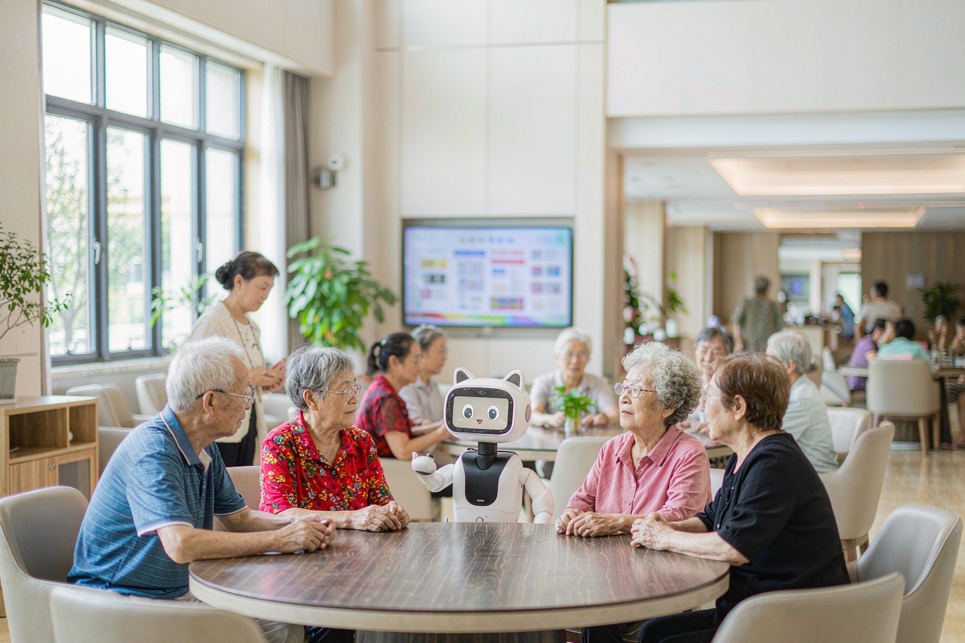 机构与社区养老场景：养老服务中心内长者与 AI 陪伴机器人互动