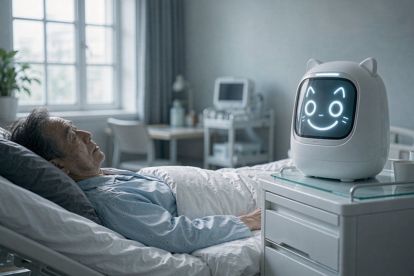 医院陪护场景：病房床头柜上的 AI 陪伴机器人为患者提供陪伴