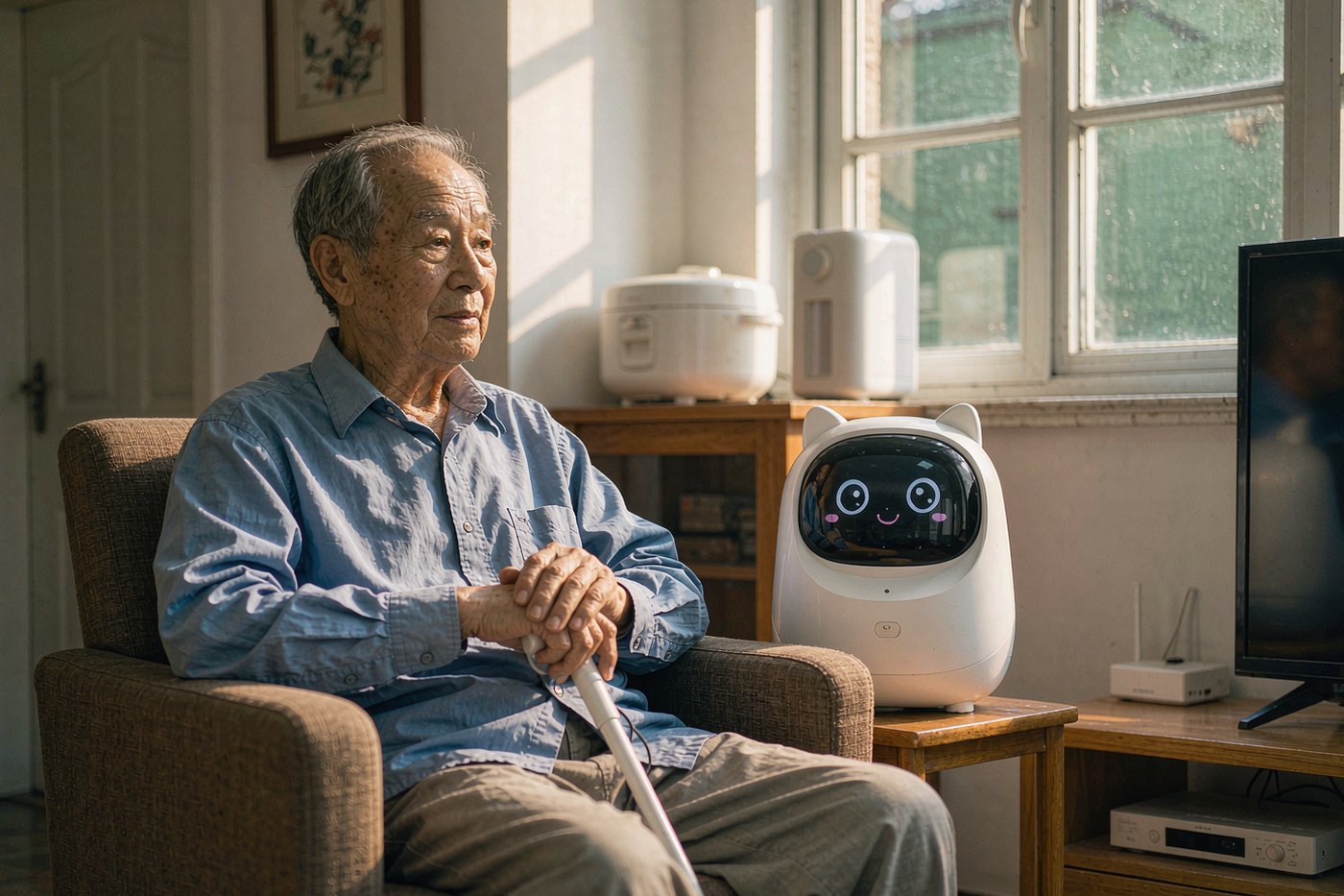 独居与银发关怀场景：老人在家中与 AI 陪伴机器人相处